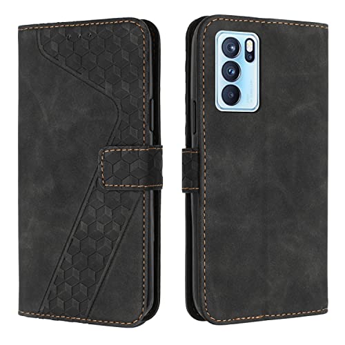 DPFHL Drop Protection Case Wallet Case for Oppo Reno 6 Pro 5G, Vintage PU Leather Phone Case Magnetic Flip Folio Leather Case Credit Card Holder Kickstand Shockproof Case (Color : Black)