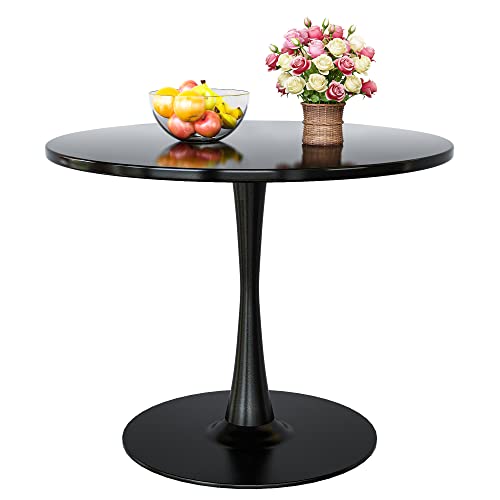 Recaceik Modern Round Dining Table, 31.5'' Tulip Table with MDF Table Top & Metal Pedestal Base for Dining Room Living Room Cafe, Kitchen w/ 0.71” Thickened Tabletop for 2-4 People, Black