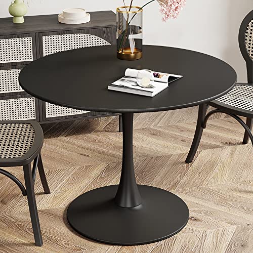 Recaceik Modern Round Dining Table, 31.5'' Tulip Table with MDF Table Top & Metal Pedestal Base for Dining Room Living Room Cafe, Kitchen w/ 0.71” Thickened Tabletop for 2-4 People, Black