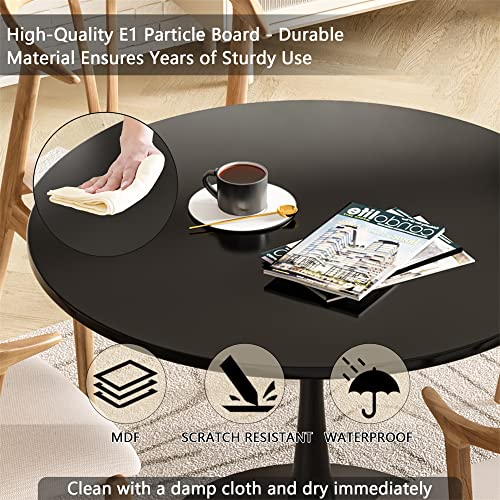 Recaceik Modern Round Dining Table, 31.5'' Tulip Table with MDF Table Top & Metal Pedestal Base for Dining Room Living Room Cafe, Kitchen w/ 0.71” Thickened Tabletop for 2-4 People, Black