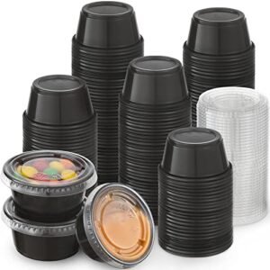 [130 sets - 2 oz ] black plastic portion cups, jello shot cups, small plastic containers with lids, airtight salad dressing container, dipping sauce cups, condiment cups for lunch, party to go, trips