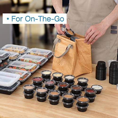 [130 Sets - 2 Oz ] Black Plastic Portion Cups, Jello Shot Cups, Small Plastic Containers with Lids, Airtight Salad Dressing Container, Dipping Sauce Cups, Condiment Cups for Lunch, Party to Go, Trips