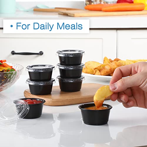 [130 Sets - 2 Oz ] Black Plastic Portion Cups, Jello Shot Cups, Small Plastic Containers with Lids, Airtight Salad Dressing Container, Dipping Sauce Cups, Condiment Cups for Lunch, Party to Go, Trips