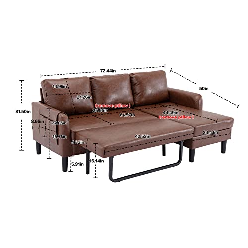 PU Leather Pull Out Sleeper Sofa Bed with Chaise, Comfy L Shaped Convertible Sleeper Couch with Storage and Pocket, Sectional 3 Seat Couch for Living Room Furniture or Office, Smooth Back - Brown