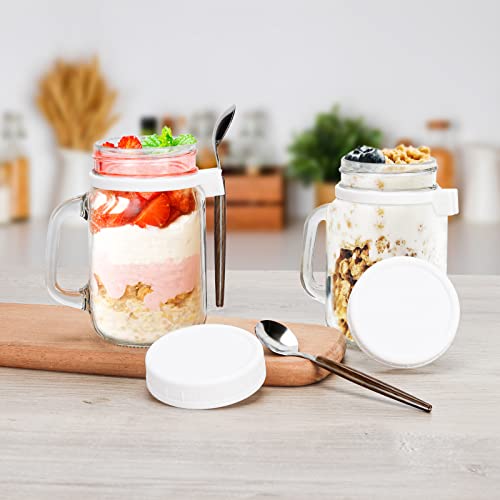 Nidhdsda Overnight Oats Containers with Lids and Spoon Set of 2, 16 OZ Mason Jars with Handle for Overnight Oats Jar Glass Oatmeal Containers for Cereal, Yogurt, Fruit, Salad, Chia Pudding(White)