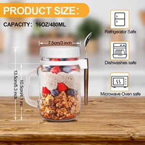 Nidhdsda Overnight Oats Containers with Lids and Spoon Set of 2, 16 OZ Mason Jars with Handle for Overnight Oats Jar Glass Oatmeal Containers for Cereal, Yogurt, Fruit, Salad, Chia Pudding(White)