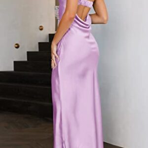 ZESICA Women's 2023 Summer Satin Strapless Dress Sexy Backless Bodycon Wedding Cocktail Party Maxi Dresses,Purple,X-Large