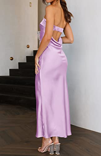 ZESICA Women's 2023 Summer Satin Strapless Dress Sexy Backless Bodycon Wedding Cocktail Party Maxi Dresses,Purple,X-Large