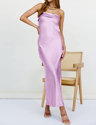 ZESICA Women's 2023 Summer Satin Strapless Dress Sexy Backless Bodycon Wedding Cocktail Party Maxi Dresses,Purple,X-Large