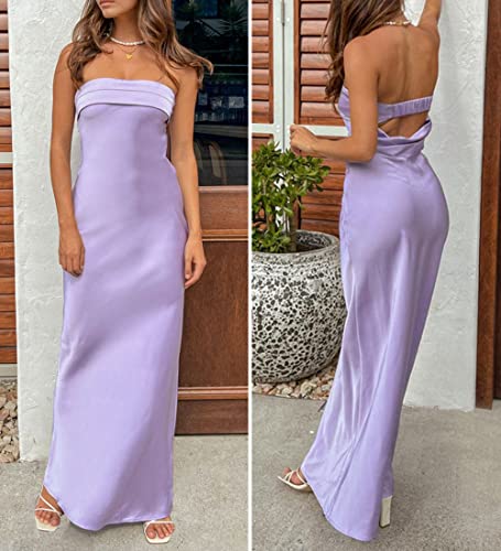 ZESICA Women's 2023 Summer Satin Strapless Dress Sexy Backless Bodycon Wedding Cocktail Party Maxi Dresses,Purple,X-Large