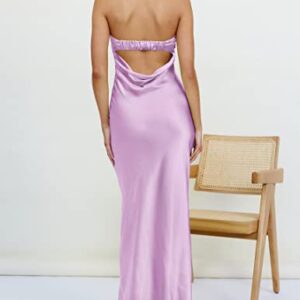 ZESICA Women's 2023 Summer Satin Strapless Dress Sexy Backless Bodycon Wedding Cocktail Party Maxi Dresses,Purple,X-Large