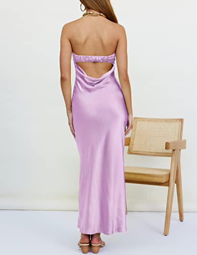 ZESICA Women's 2023 Summer Satin Strapless Dress Sexy Backless Bodycon Wedding Cocktail Party Maxi Dresses,Purple,X-Large