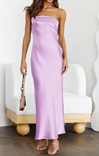 ZESICA Women's 2023 Summer Satin Strapless Dress Sexy Backless Bodycon Wedding Cocktail Party Maxi Dresses,Purple,X-Large