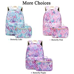 OctSky Backpack for Girls Kids Backpack Elementary Bookbags Teens Middle School Backpack with Lunch Box Water-repellent Lightweight Butterfly Purple