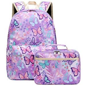 octsky backpack for girls kids backpack elementary bookbags teens middle school backpack with lunch box water-repellent lightweight butterfly purple