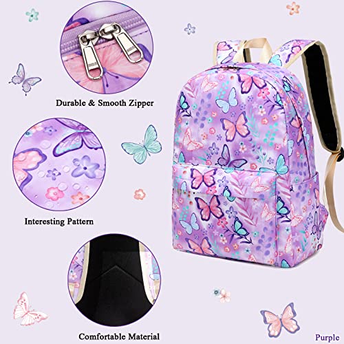 OctSky Backpack for Girls Kids Backpack Elementary Bookbags Teens Middle School Backpack with Lunch Box Water-repellent Lightweight Butterfly Purple