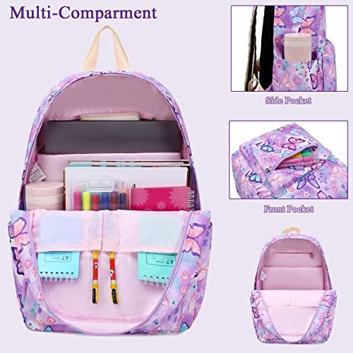 OctSky Backpack for Girls Kids Backpack Elementary Bookbags Teens Middle School Backpack with Lunch Box Water-repellent Lightweight Butterfly Purple