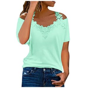 smidow lace trim cold shoulder t shirt for women 2023 summer causal solid tops sexy elegant blouses