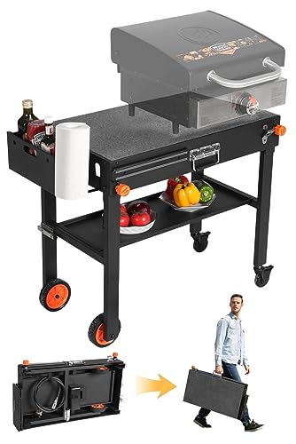 JiRiCHMi Grill Table,Blackstone Griddle Stand,BBQ Prep Table With Wheels And Seasoning Tray,Universal Grill Cart Fit 17 Inch Or 22 Inch Griddle,Folds Flat Quickly Ninja Grill Stand