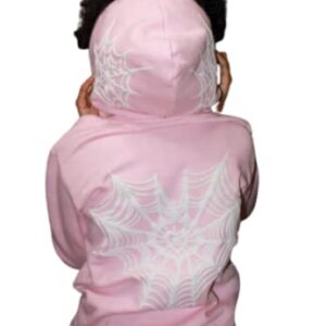 SOIIVRU Y2k Spider Web Print Full Zip Casual Fashion Sweater Hoodie Front and Back (Pink,M,Unisex Adult,Unisex,Adult,US,Alpha,Medium,Regular,Regular)