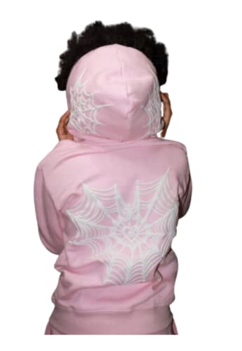 SOIIVRU Y2k Spider Web Print Full Zip Casual Fashion Sweater Hoodie Front and Back (Pink,M,Unisex Adult,Unisex,Adult,US,Alpha,Medium,Regular,Regular)