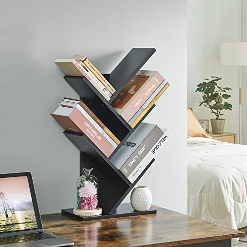 Hoctieon 4 Tier Tree Bookshelf, 4 Shelf Bookcase, Free Standing Tree Bookcase, Display Floor Standing Shelf for Books, Book Organizer Shelves for Home Office, Living Room, Bedroom, Black