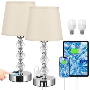 Acaxin Bedside Lamps for Bedrooms Set of 2 Nightstand- Crystal Table Lamps with USB C+A Ports & AC Outlet for Charging, 3 Way Dimmable Touch Silver Small Bed Side Lamp for Living Room/Guest Room