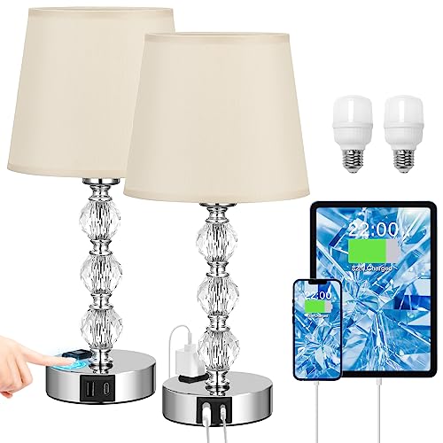 Acaxin Bedside Lamps for Bedrooms Set of 2 Nightstand- Crystal Table Lamps with USB C+A Ports & AC Outlet for Charging, 3 Way Dimmable Touch Silver Small Bed Side Lamp for Living Room/Guest Room