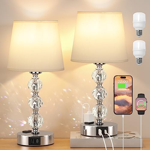 Acaxin Bedside Lamps for Bedrooms Set of 2 Nightstand- Crystal Table Lamps with USB C+A Ports & AC Outlet for Charging, 3 Way Dimmable Touch Silver Small Bed Side Lamp for Living Room/Guest Room