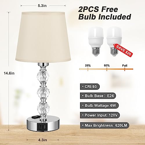 Acaxin Bedside Lamps for Bedrooms Set of 2 Nightstand- Crystal Table Lamps with USB C+A Ports & AC Outlet for Charging, 3 Way Dimmable Touch Silver Small Bed Side Lamp for Living Room/Guest Room