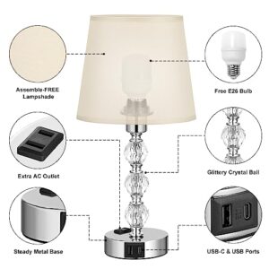 Acaxin Bedside Lamps for Bedrooms Set of 2 Nightstand- Crystal Table Lamps with USB C+A Ports & AC Outlet for Charging, 3 Way Dimmable Touch Silver Small Bed Side Lamp for Living Room/Guest Room