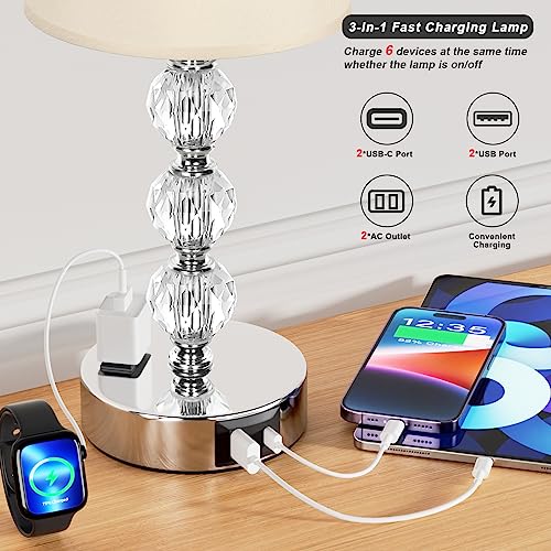 Acaxin Bedside Lamps for Bedrooms Set of 2 Nightstand- Crystal Table Lamps with USB C+A Ports & AC Outlet for Charging, 3 Way Dimmable Touch Silver Small Bed Side Lamp for Living Room/Guest Room