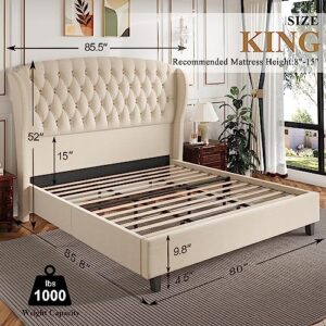 Jocisland Upholstered Bed Frame King Size Platform Bed Linen Deep Button Tufted Handmade Headboard Shell Wingback/No Box Spring Needed/Wood Slats(Beige)