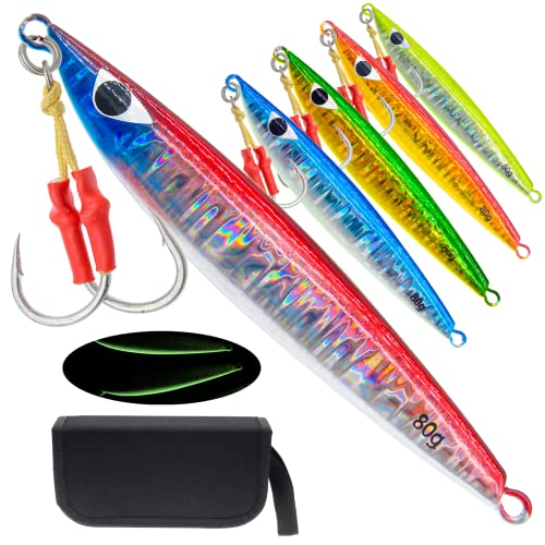 Gefischtter 5pcs Fishing Jigs Vertical Saltwater Jigs Metal Jigging Spoon Lure Slow Jigging Pitching Artificial Deep Sea Glow Lead Jigs with Assist Hooks for Tuna,Bass,Dogtooth,Grouper/80g