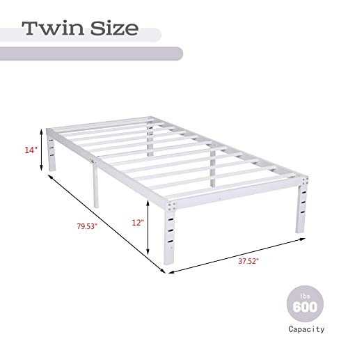 alazyhome Twin XL Size Bed Frame 14 Inch Metal Platform Bed Frame Heavy Duty Steel Slats Support No Box Spring Needed Noise-Free Easy Assembly White