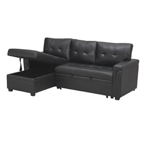 Perry Modern Sectional Sleeper Sofa with Pull Out Bed, Reversible Sleeper Sectional Sofa Bed, Best Sleeper Sofa Couch with 168L Storage, L-Shape Pull Out Couch Bed Sleeper Sofa - Black,Air Leather