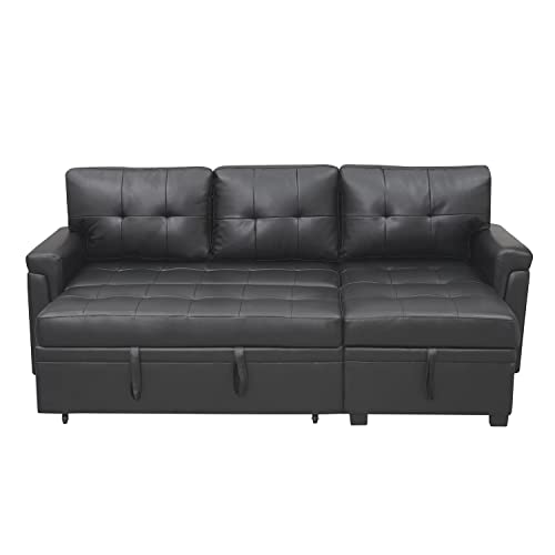 Perry Modern Sectional Sleeper Sofa with Pull Out Bed, Reversible Sleeper Sectional Sofa Bed, Best Sleeper Sofa Couch with 168L Storage, L-Shape Pull Out Couch Bed Sleeper Sofa - Black,Air Leather