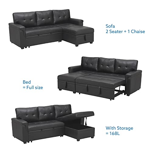 Perry Modern Sectional Sleeper Sofa with Pull Out Bed, Reversible Sleeper Sectional Sofa Bed, Best Sleeper Sofa Couch with 168L Storage, L-Shape Pull Out Couch Bed Sleeper Sofa - Black,Air Leather