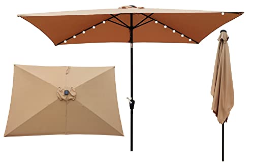 Solar Umbrellas, 10 x 6.5FT Patio Umbrellas with 26 LED Lights, Rectangular Outdoor Umbrellas with Crank and Push Button Tilt Adjustment, Table Market Umbrella for Garden Backyard Pool, Brown