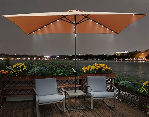 Solar Umbrellas, 10 x 6.5FT Patio Umbrellas with 26 LED Lights, Rectangular Outdoor Umbrellas with Crank and Push Button Tilt Adjustment, Table Market Umbrella for Garden Backyard Pool, Brown