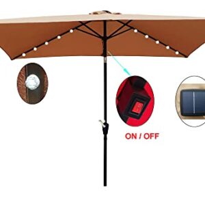 Solar Umbrellas, 10 x 6.5FT Patio Umbrellas with 26 LED Lights, Rectangular Outdoor Umbrellas with Crank and Push Button Tilt Adjustment, Table Market Umbrella for Garden Backyard Pool, Brown