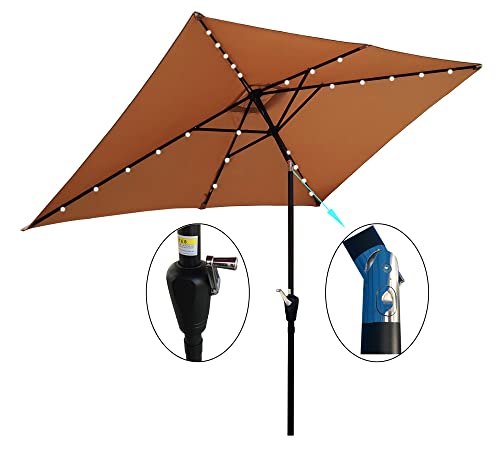 Solar Umbrellas, 10 x 6.5FT Patio Umbrellas with 26 LED Lights, Rectangular Outdoor Umbrellas with Crank and Push Button Tilt Adjustment, Table Market Umbrella for Garden Backyard Pool, Brown