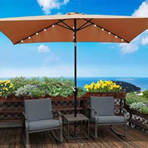 Solar Umbrellas, 10 x 6.5FT Patio Umbrellas with 26 LED Lights, Rectangular Outdoor Umbrellas with Crank and Push Button Tilt Adjustment, Table Market Umbrella for Garden Backyard Pool, Brown