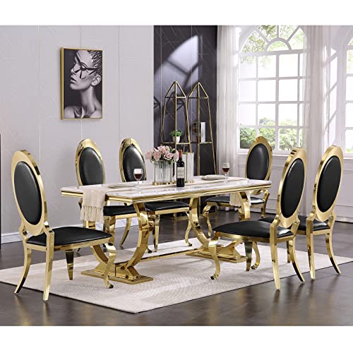 ACEDÉCOR 7-Piece Luxury Dining Room Table Set, Kitchen and Dining Room Set with 6 Black Leather Dining Chairs, White and Gold Dining Table with Stainless Steel Metal U-Base(1 Table+6 Chairs)