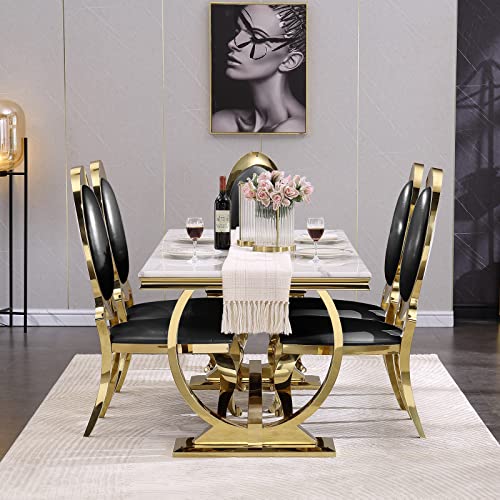 ACEDÉCOR 7-Piece Luxury Dining Room Table Set, Kitchen and Dining Room Set with 6 Black Leather Dining Chairs, White and Gold Dining Table with Stainless Steel Metal U-Base(1 Table+6 Chairs)