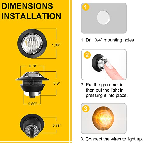 BJZ 3/4" Round Trailer Marker LED Lights Amber to Green Dual Color Side Clearance Tail Bullet Light 12V 4LED Indicator Light w/Clear Lens for Trailer Truck Van RV ATV Bus, 10Pcs