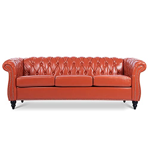 GEEVIVO 84.65" Large Sofa, Mid-Century PU Leather Sofa Modern Tufted Upholstered Futon Sofa Couch with Removable Cushion 3 Seater Scroll Arm Sleeper Sofa for Living Room/Bedroom/Apartment(Orange)