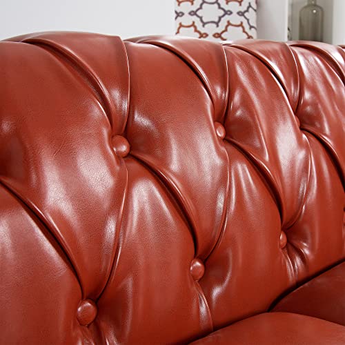 GEEVIVO 84.65" Large Sofa, Mid-Century PU Leather Sofa Modern Tufted Upholstered Futon Sofa Couch with Removable Cushion 3 Seater Scroll Arm Sleeper Sofa for Living Room/Bedroom/Apartment(Orange)