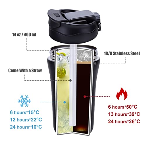 14 oz Travel Coffee Mug, 2 Pack Vacuum Insulated Coffee Travel Mug Spill Proof with Lid and Straw, Stainless Steel Reusable Coffee Tumbler for Hot and Cold Drinks, Gift for Men and Women(Black White)