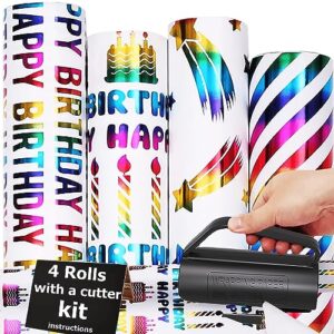 thmort birthday wrapping paper roll with a cutter kit for boys&girls,adults,kids princess pink barbies 17 inch x 120 inch colorful foil gift wrapping paper rainbow baby shower